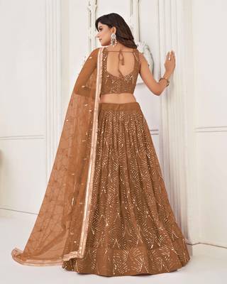 BROWN NET FABRIC LAHENGA WITH SEQUINS AND THREAD EMBROIDERY WORK 2