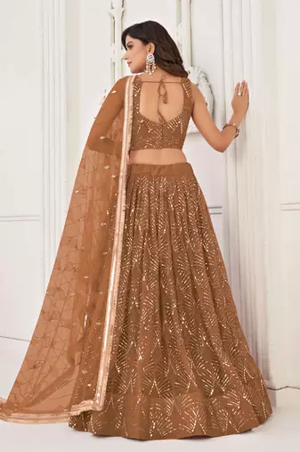 BROWN NET FABRIC LAHENGA WITH SEQUINS AND THREAD EMBROIDERY WORK