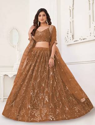 BROWN NET FABRIC LAHENGA WITH SEQUINS AND THREAD EMBROIDERY WORK 3