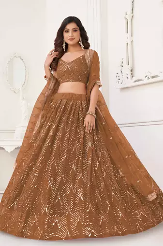 BROWN NET FABRIC LAHENGA WITH SEQUINS AND THREAD EMBROIDERY WORK