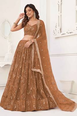 BROWN NET FABRIC LAHENGA WITH SEQUINS AND THREAD EMBROIDERY WORK 4