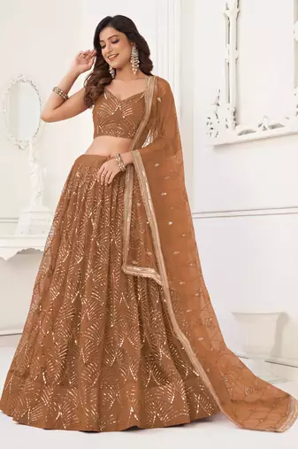 BROWN NET FABRIC LAHENGA WITH SEQUINS AND THREAD EMBROIDERY WORK