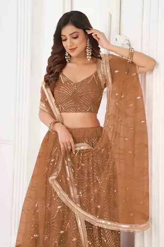 BROWN NET FABRIC LAHENGA WITH SEQUINS AND THREAD EMBROIDERY WORK
