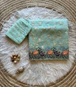 Sky-Blue Embroidery Work Organza Silk Saree