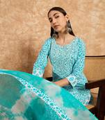 Blue Embroider Pure Cotton Straight Kurti Pant and Dupatta Set