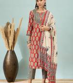 Brown Printed Pure Cotton Straight Kurti Pant and Dupatta Set