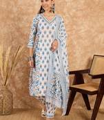 Blue Printed Pure Cotton Handwork Kurti Pant and Dupatta Set