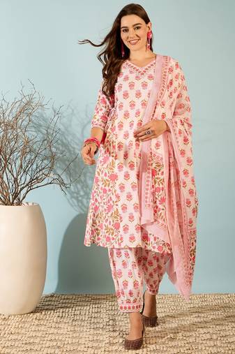 Pink Printed Pure Cotton Handwork Kurti Pant and Dupatta Set