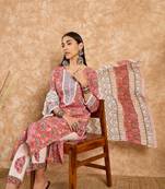 Pink Printed Pure Cotton Straight Kurti Pant and Dupatta Set