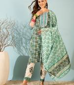 Green Printed Pure Cotton Straight Kurti Pant and Dupatta Set