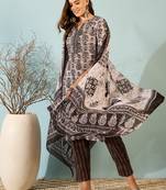 Grey Printed Pure Cotton Straight Kurti Pant and Dupatta Set