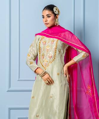 Sea green Pure Spun Silk Hand Embroidered Kurta Set 1