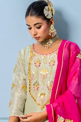 Sea green Pure Spun Silk Hand Embroidered Kurta Set