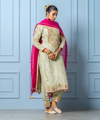 Sea green Pure Spun Silk Hand Embroidered Kurta Set 3