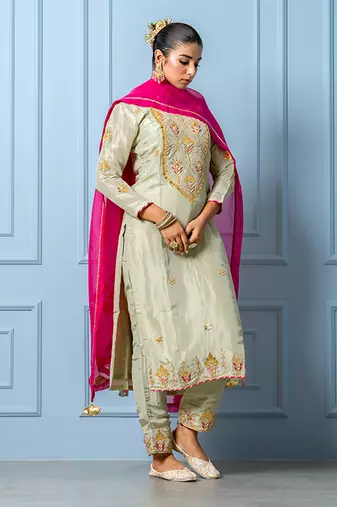 Sea green Pure Spun Silk Hand Embroidered Kurta Set