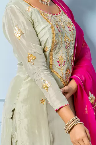 Sea green Pure Spun Silk Hand Embroidered Kurta Set