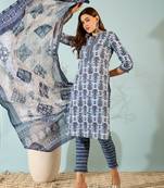 Blue Printed Pure Cotton Straight Kurti Pant and Dupatta Set