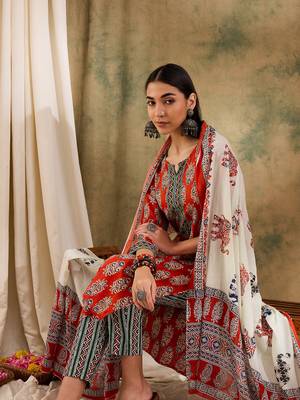 Brown Printed Pure Cotton Straight Kurti Pant and Dupatta Set 1