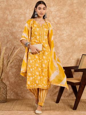 Yellow Printed Pure Cotton Straight Kurti Pant and Dupatta Set 1
