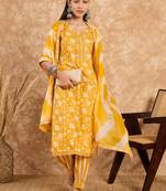 Yellow Printed Pure Cotton Straight Kurti Pant and Dupatta Set