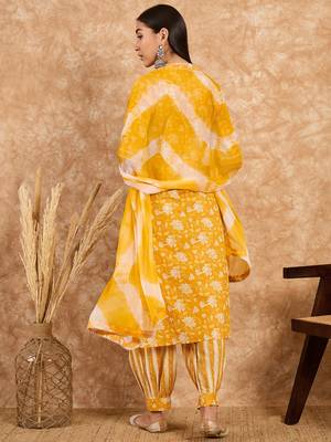 Yellow Printed Pure Cotton Straight Kurti Pant and Dupatta Set 2