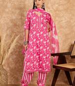 Pink Printed Pure Cotton Straight Kurti Pant and Dupatta Set