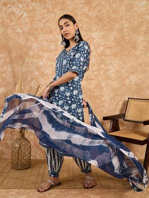 Navy Blue Printed Pure Cotton Straight Kurti Pant and Dupatta Set 1
