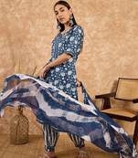 Navy Blue Printed Pure Cotton Straight Kurti Pant and Dupatta Set