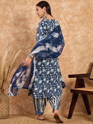 Navy Blue Printed Pure Cotton Straight Kurti Pant and Dupatta Set 2