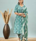 Blue Printed Pure Cotton Straight Kurti Pant and Dupatta Set