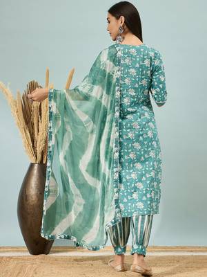 Blue Printed Pure Cotton Straight Kurti Pant and Dupatta Set 2