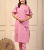 Pink floral dobby cotton kurta set with elegant embroidery