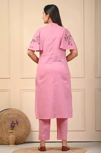Pink floral dobby cotton kurta set with elegant embroidery