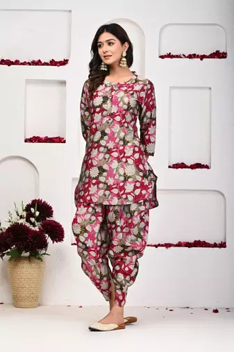 Magenta flower color dhoti kurta set for women