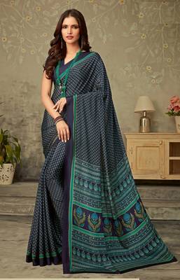 Dark Blue Polka Dots Crepe Silk Printed Saree,Sari Comes With Blouse 1
