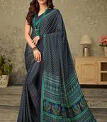 Dark Blue Polka Dots Crepe Silk Printed Saree,Sari Comes With Blouse
