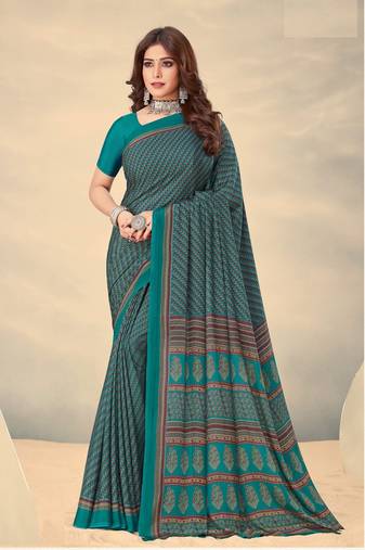 Teal Green Polka Dots Crepe Silk Printed Saree,Sari Comes With Blouse