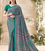 Green,Pink Floral Crepe Silk Printed Saree,Sari Comes With Blouse