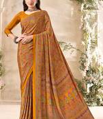 Mustard,Pink Floral Crepe Silk Printed Saree,Sari Comes With Blouse