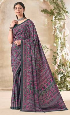 Grey,Pink Floral Crepe Silk Printed Saree With Blouse piece 1