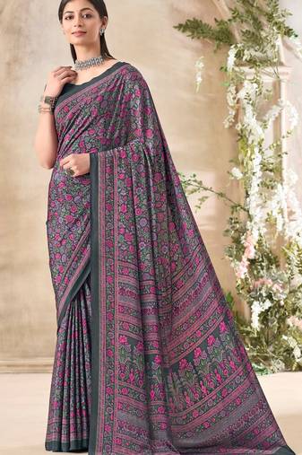 Grey,Pink Floral Crepe Silk Printed Saree With Blouse piece