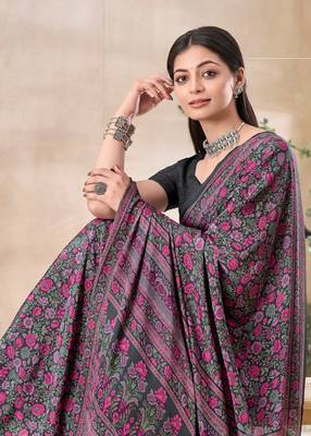 Grey,Pink Floral Crepe Silk Printed Saree With Blouse piece 2