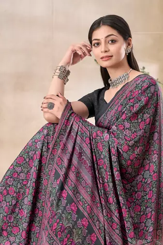 Grey,Pink Floral Crepe Silk Printed Saree With Blouse piece