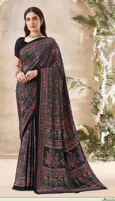 Black,Red Floral Crepe Silk Printed Saree,Sari Comes With Blouse 1