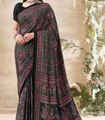 Black,Red Floral Crepe Silk Printed Saree,Sari Comes With Blouse