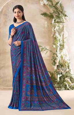 Royal Blue,Pink Floral Crepe Silk Printed Saree,Sari Comes With Blouse 1