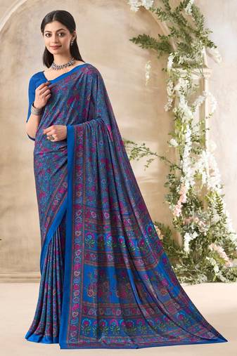 Royal Blue,Pink Floral Crepe Silk Printed Saree,Sari Comes With Blouse