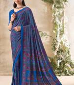 Royal Blue,Pink Floral Crepe Silk Printed Saree,Sari Comes With Blouse