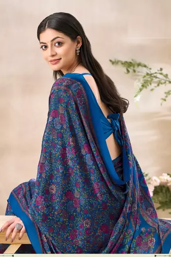 Royal Blue,Pink Floral Crepe Silk Printed Saree,Sari Comes With Blouse