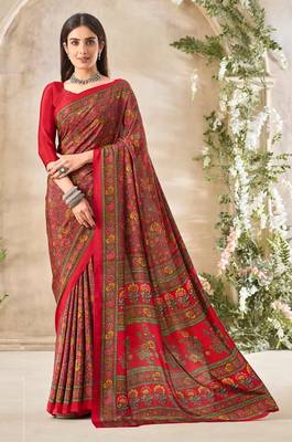 Red Floral Crepe Silk Printed Saree,Sari Comes With Blouse 1